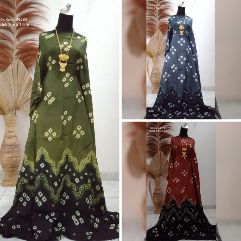 Kain Jumputan Palembang 3 Meteran Bahan Dasar Batik Jemputan Couple Silk Kaca Hijau Abu Mewah Elegan