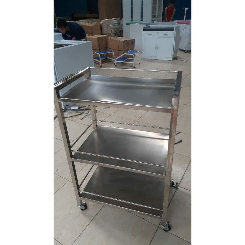 Trolley instrumen 3 rak susun stainless / meja troli instrumen medis stainless