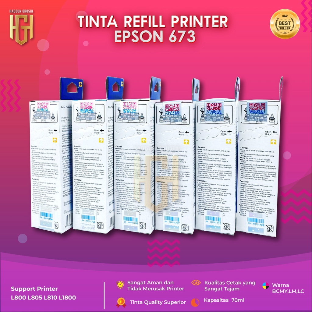 1 SET 6 PCS Tinta Epson 673 Tinta Printer L800 L805 L810 L1800