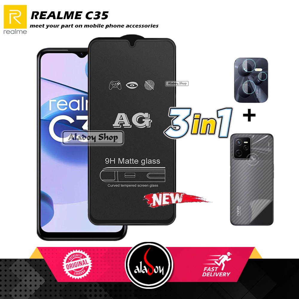 Paket 3IN1 Tempered Glass Layar Matte Anti Glare Realme C35 Free Tempered Glass Camera dan Skin Carbon