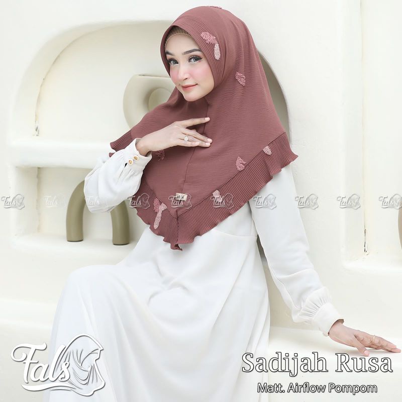 (Ori Fals) SADIJAH RUSA •jilbab instan airflow pom pom•kerudung pet plisket rempel