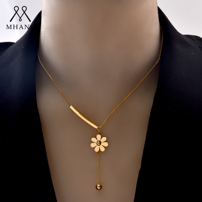Kalung Rumbai Daisy Emas Anti Karat Kualitas Tinggi Titanium Steel Tidak Luntur Rantai Tulang Selangka Wanita Rantai Sweater Panjang