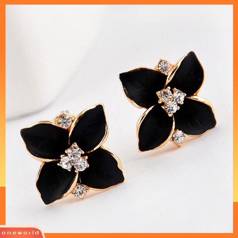 OW@ Women Rhinestone Inlaid Enamel Clover Shape Stud Earrings Party Jewelry Gift