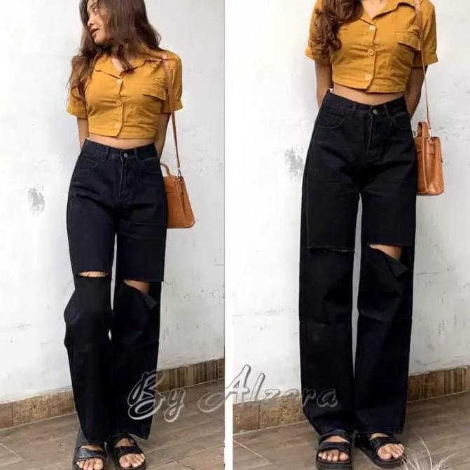 <G-3&2♫♪> Celana Kulot Jeans Wanita Sobek Destroy Lutut Nessa /celana boyfriend wanita korean style 