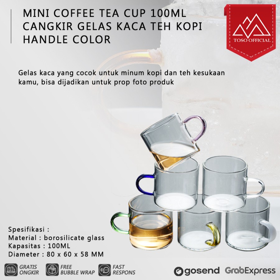 MINI COFFEE TEA CUP 100ML CANGKIR GELAS KACA TEH KOPI HANDLE COLOR