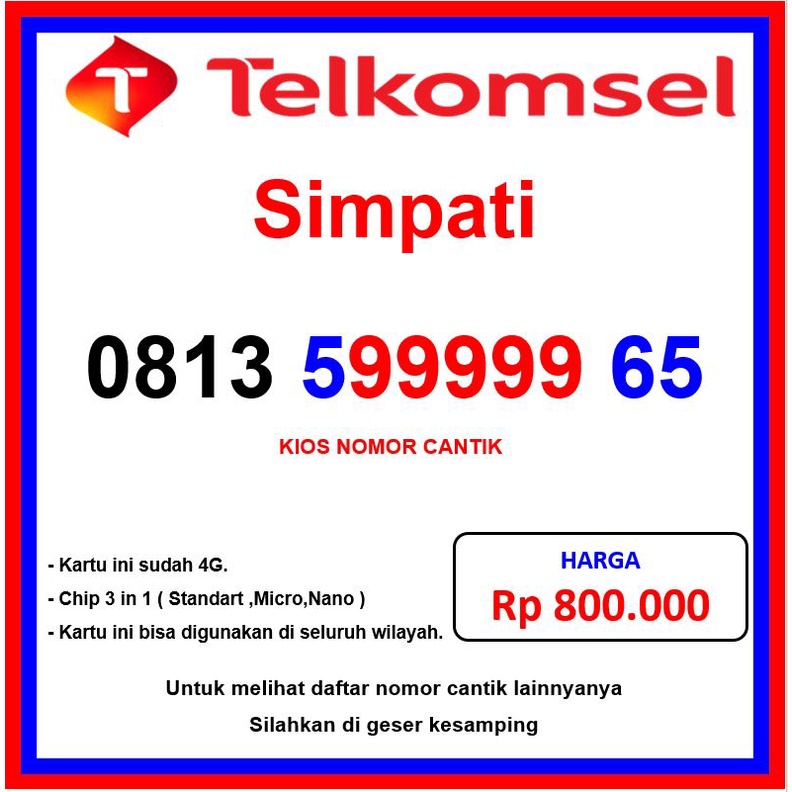 nomor cantik simpati 99999 kartu perdana telkomsel nomer cantik seri panca 0813 599999 65 4g lte lim
