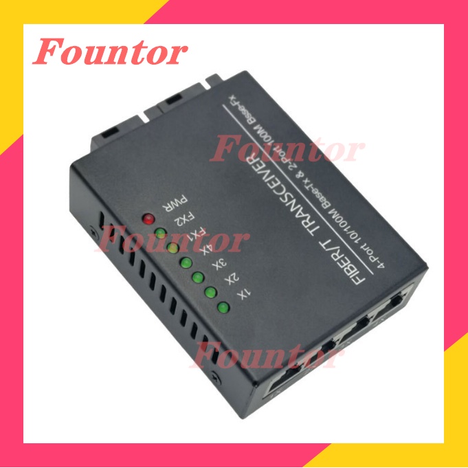 【With adpter】10/100M 2 SC 4 RJ45 Ethernet Fiber Switch Optical Media Converter Single Mode Fiber Port