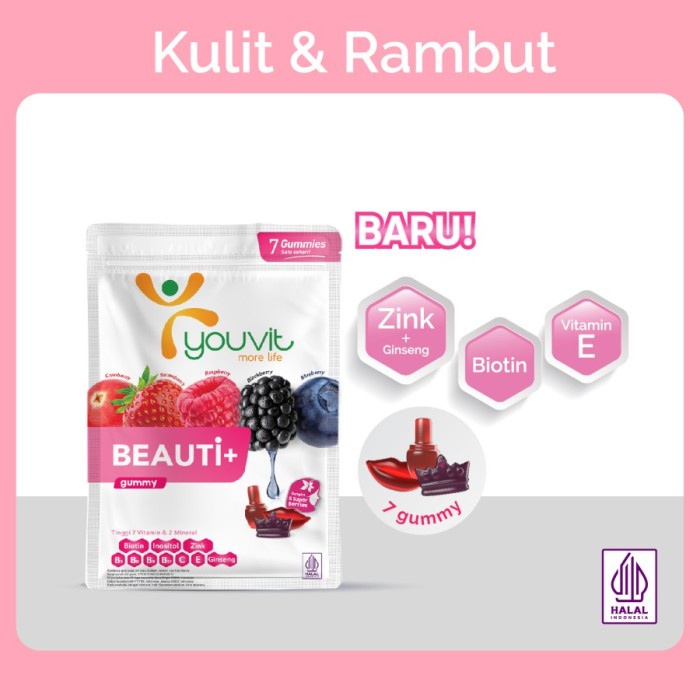 Youvit Beauti+ 7 Gummy dengan Ginseng, Biotin &amp; Vitamin E