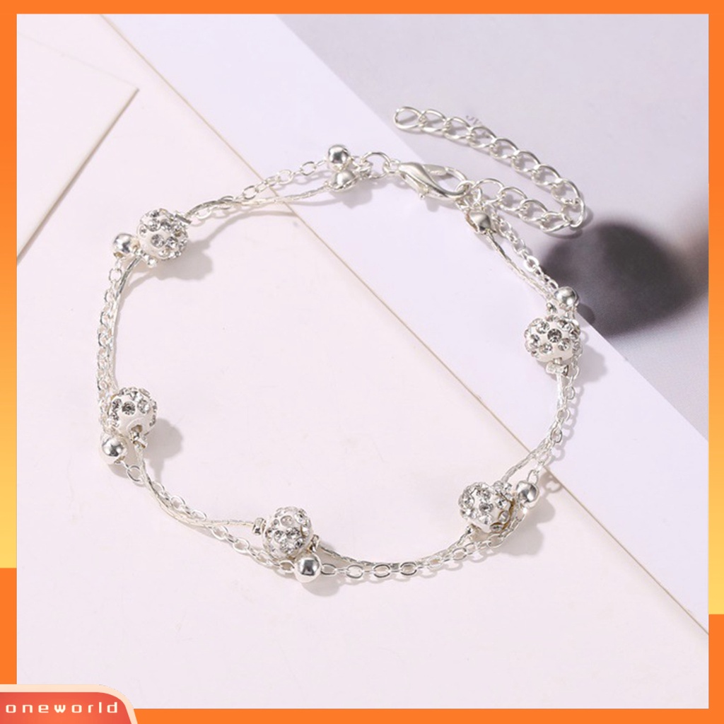 [WONE] Berlian Imitasi Bola Berlapis Ganda Wanita Gelang Kaki Alloy Beads Adjustable Rantai Anklet Aksesoris Kaki