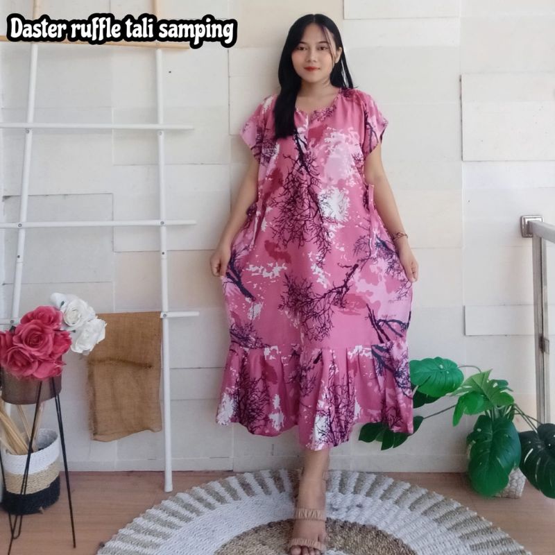 Daster Dress Kekinian Ruffle Tali Ld 140 Jumbo Busui Bali Bahan Rayon Premium Lengan Pendek Santai