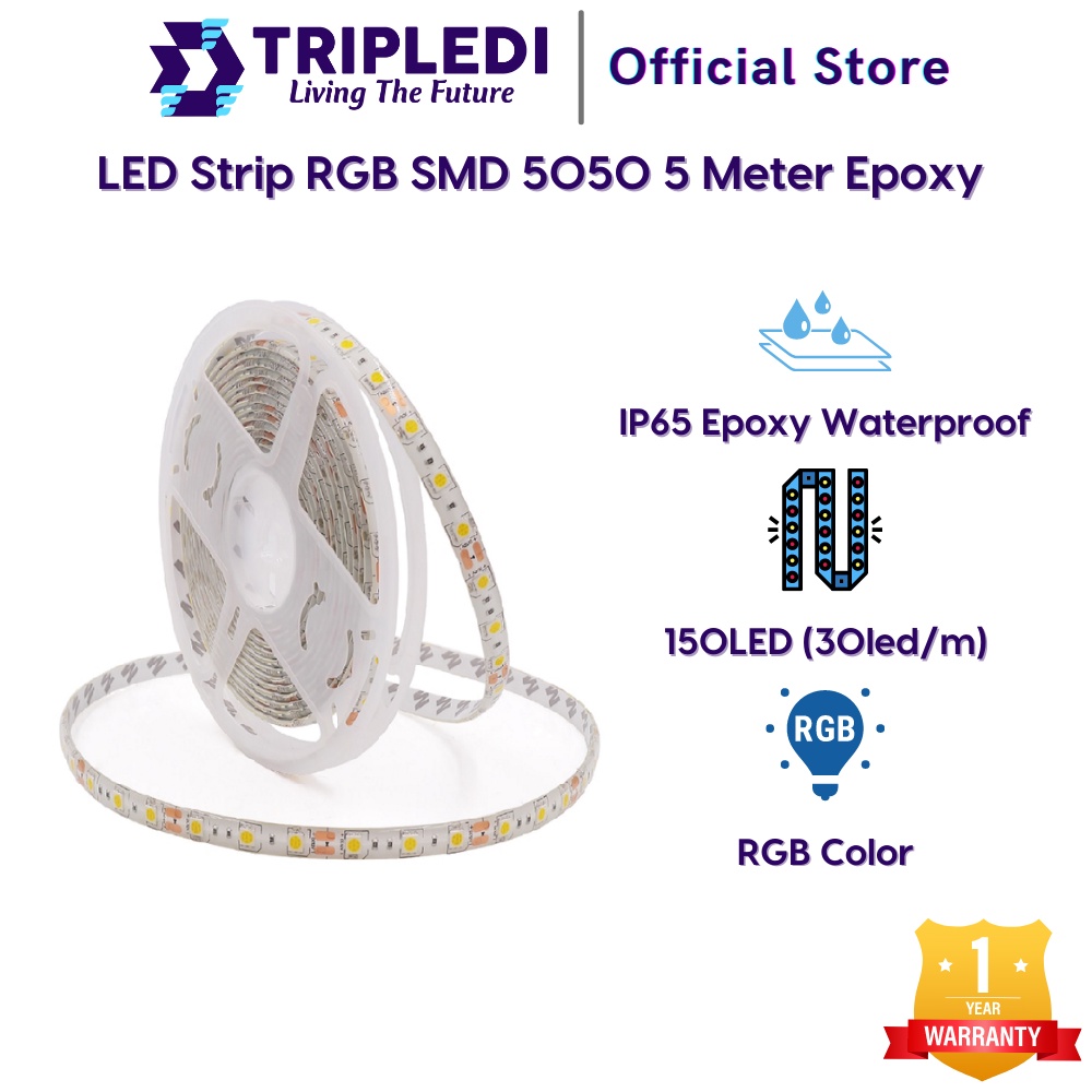 TRIPLEDI LED Strip RGB 5050 5 Meter Waterproof IP65 Epoxy Lampu Hias Plafon Tempel Dinding Smart Lig