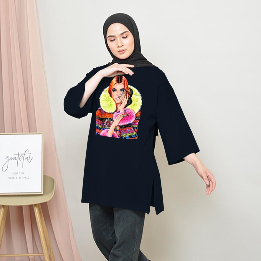 KAOS OVERSIZE TOP HIJAB WANITA BASIC DTF CEWEK SHAL / OVERSIZE SLIT BLOUSE GAMBAR DTF / DIGITAL PRINT