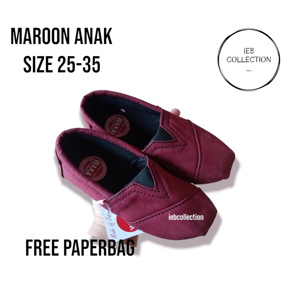 sepatu wakai anak maroon polos unisex size 25-35 free paperbag
