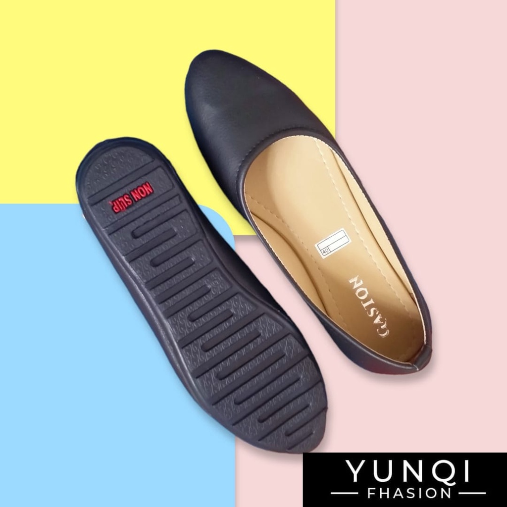 Flat Shoes Wanita Full Black Polos | Sepatu Wanita Hitam Sol Karet