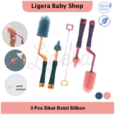 Sikat Silikon Set 3in1 Bottle Nipple Straw Brushes / 2in1 Sikat Busa Sponge Botol Dot Susu Bayi 360 Degree Brush