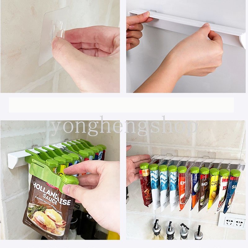 Tempat Kantong Bumbu Tempel Dinding Tempat Bumbu Klip Penyegel Bumbu Bebas Pukulan Rak Penyimpanan Bumbu Dengan Cerorot Gantung Dispenser Bumbu Dapur Organizer