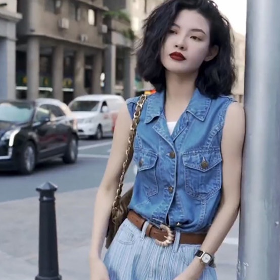 Suhao setelan dua potong temperamen baru fashion retro gaya Hong Kong atasan denim tanpa lengan + celana lurus tipis berpinggang tinggi