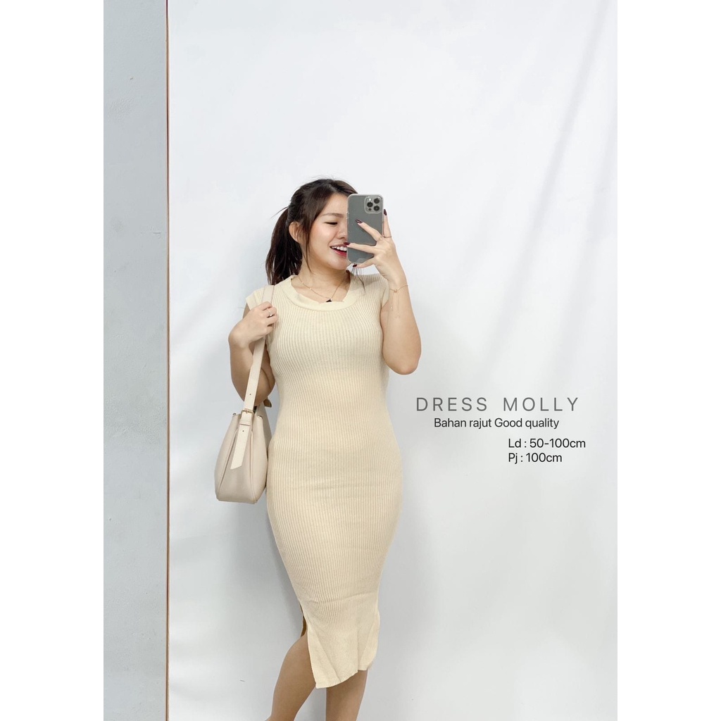 HOPYLOVY - Dress Midi Bahan Rajut Import Tanpa Lengan Good Quality Molly