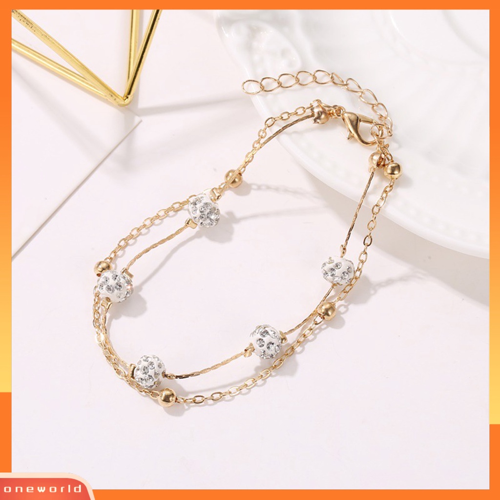 [WONE] Berlian Imitasi Bola Berlapis Ganda Wanita Gelang Kaki Alloy Beads Adjustable Rantai Anklet Aksesoris Kaki