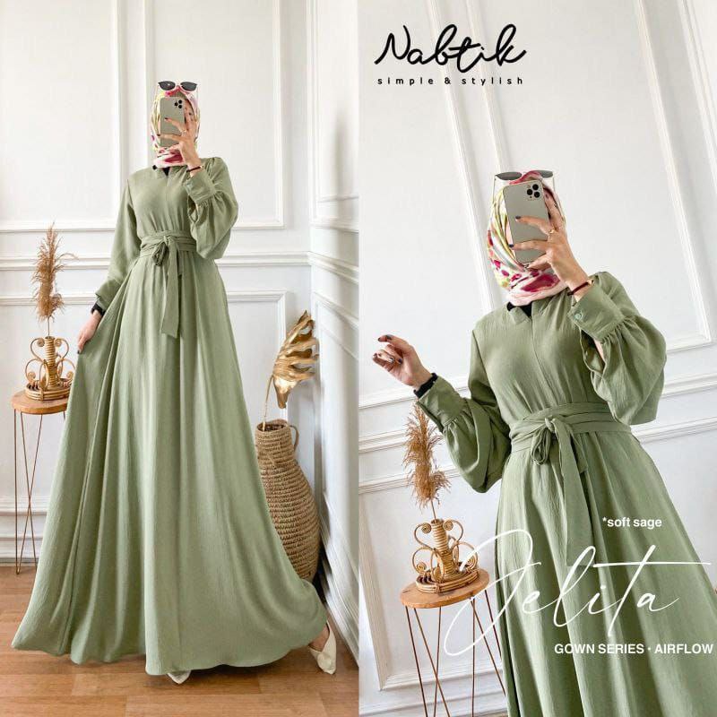 Jelita Gamis Terbaru Susun Crinkle Airflow Premium Dress Wanita Lengan Panjang Women Robes Kekinian LD 110 Cm