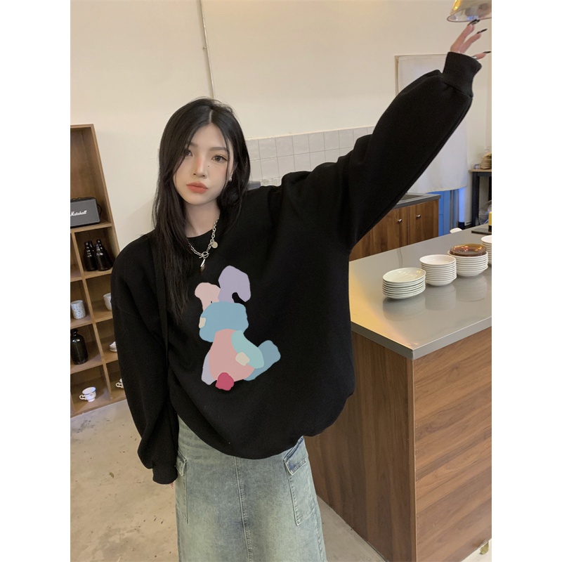 EUNII Sweater Lengan Panjang Cartoon Rainbow Bunny Korean Style/Sweater Crop/Baju Wanita/Switer Wanita/Switer