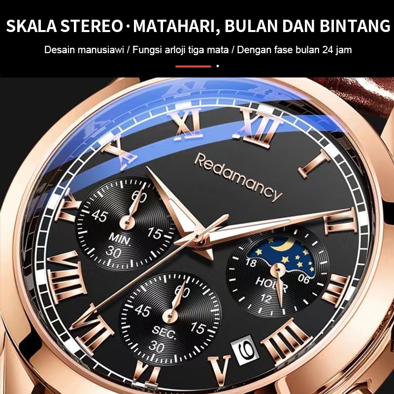 Redamancy Jam Tangan Pria Original Anti Air Kulit Tahan  Hitam Coklat Luxury Chronograph Watch Men Multifungsi