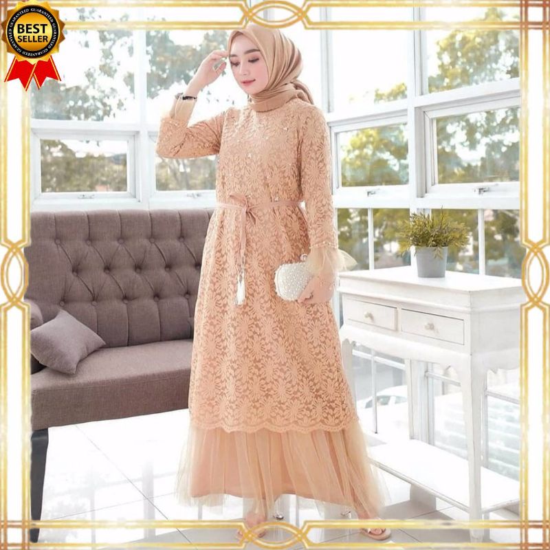 PROMO TERMURAH - Juliana Maxy Dress Brukat Tile Mutiara Import Free Belt Fashion Gaun Gamis Pesta Ko
