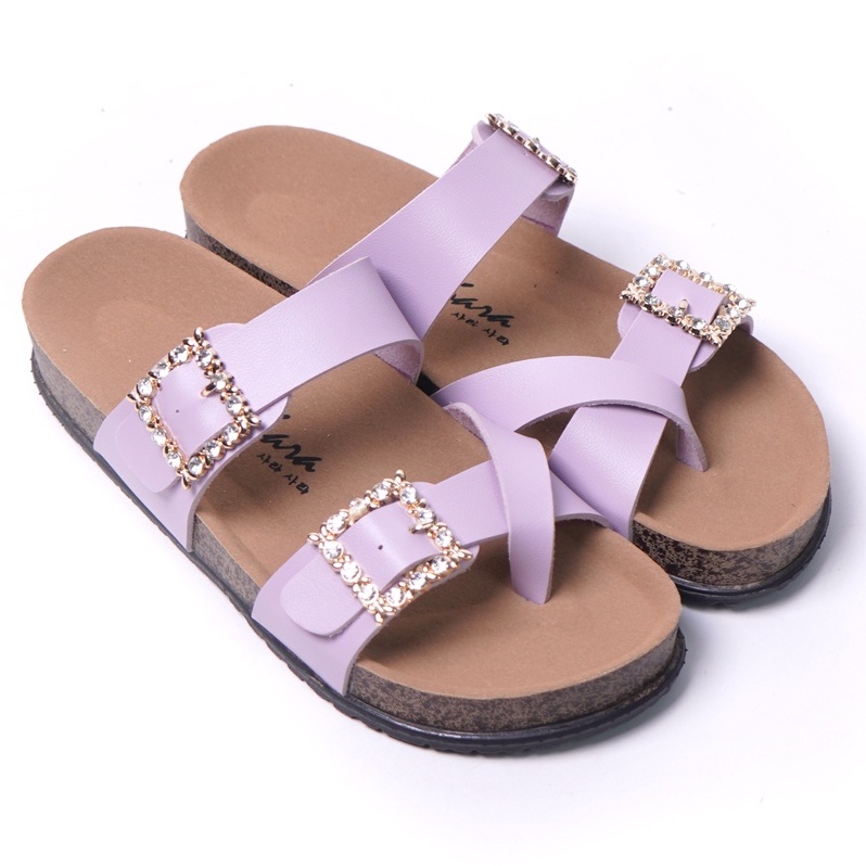 SARASARA YUK - Sandal Wanita Slop Casual Model Birken Sol Puyuh SARA SARA KIARRA Sendal Selop Cewek Kulit Santai Strap Gesper Ban dua Empuk Size 36 37 38 39 40 Warna Lilac Ungu Anti Slip Premium Original Kekinian Terbaru Shoes ORI Mall Official Store