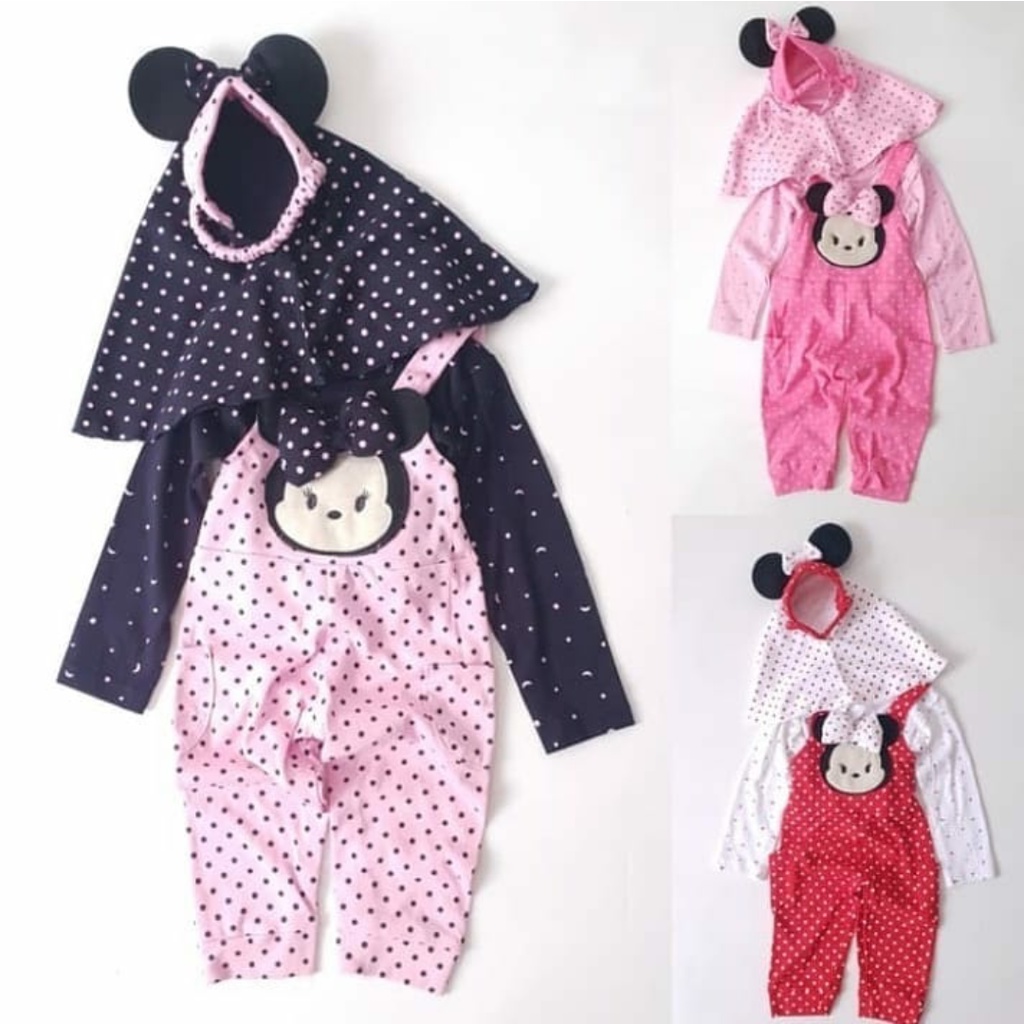 Overall muslim anak karakter Tsum dengan jilbab - kulot setelan baju bayi perempuan lucu - jumpsuit anak - kodok bayi cewek lebaran 1 2 tahun terbaru