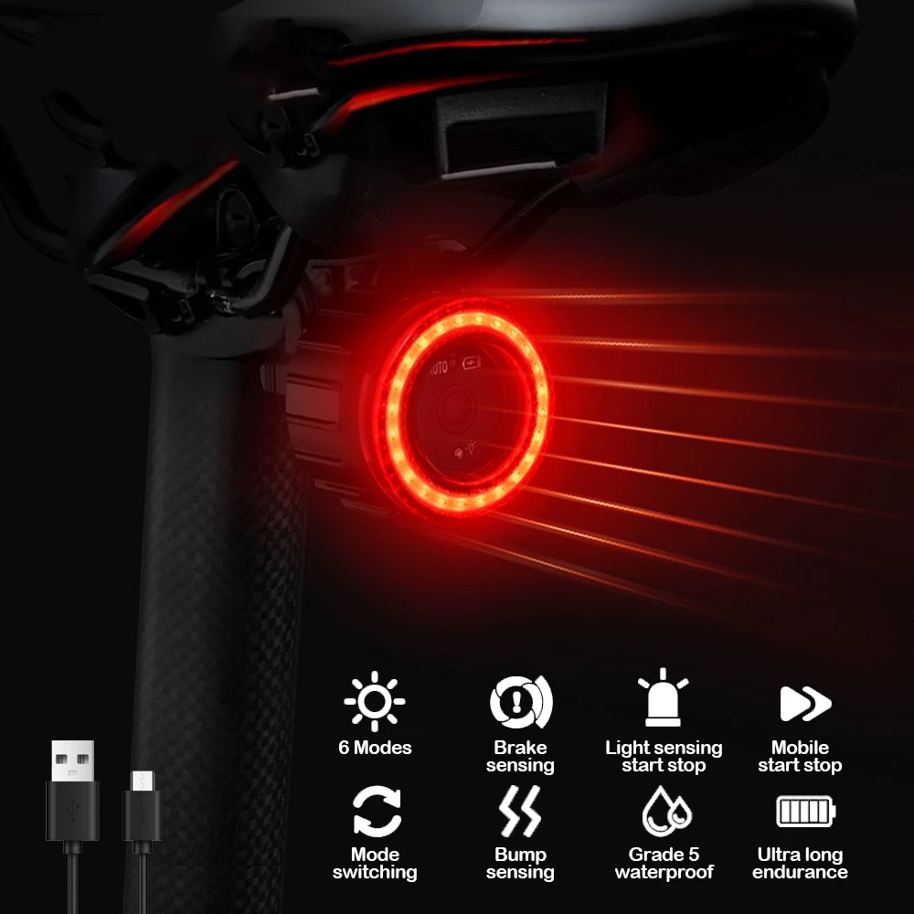 Ipx5 Tahan Air LED Charging Tail Lamp Safety Lights Untuk Berkendara Di Malam Hari Sepeda Sensor Cerdas Rem Tail Lamp