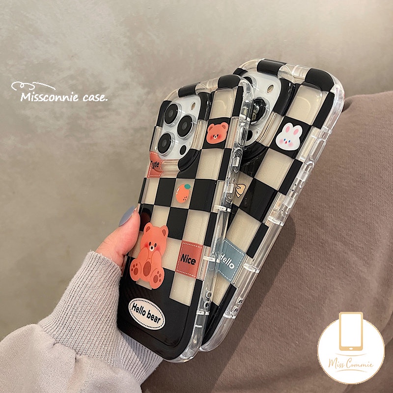 Casing Couple Case Kompatibel Untuk iPhone 7Plus 8Plus XR 11 14 13 12 Pro MAX 7 8 6 6S Plus X XS MAX Kotak-Kotak Beruang Lucu Kelinci Shockproof Airbag Soft TPU Lovers Phone Case