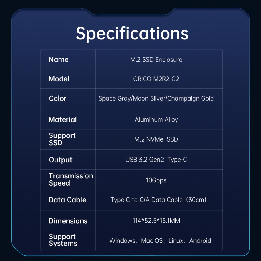 Ssd m2 Enclosure orico Nvme 4tb usb3.1 type-c 10Gbps aluminum rgb m2r2-g2 - Casing external m.2 m-key nvm