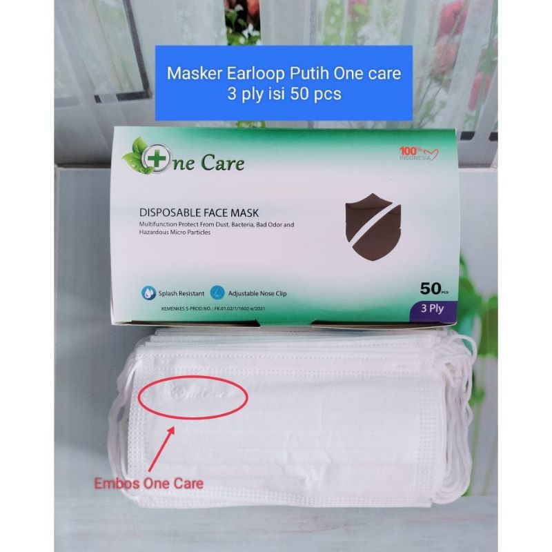 Masker Earloop One Care Warna Putih 3 ply Isi 50 pcs