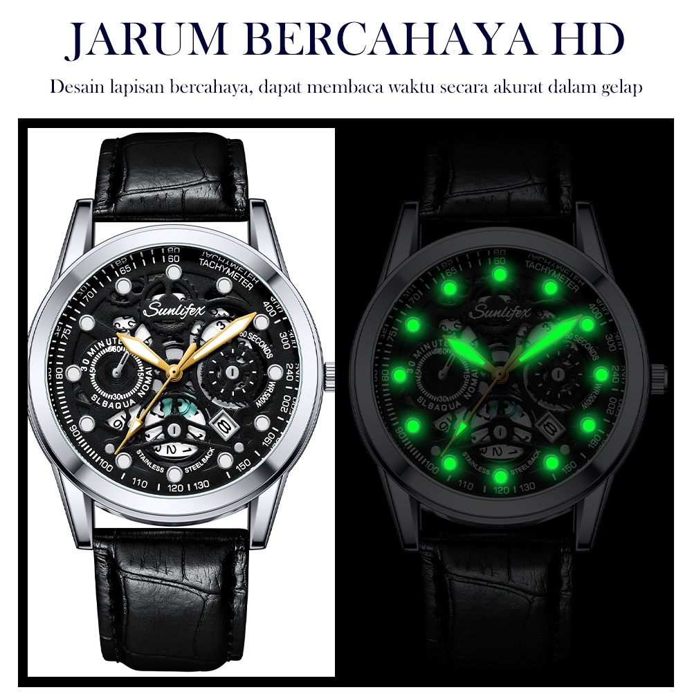 Sunlifex Jam Tangan Pria Dial Berongga Anti Air Kuarsa Tali Kulit Jam Pria Original Santai Mode Jam Tangan Cowok 7001-5