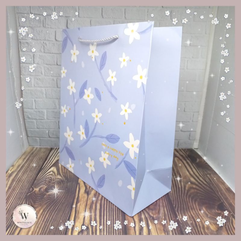 Paper Bag Kado Model Tali Bentuk Portrait Ukuran Besar (Size L) Japanese Anemone Flower Warna Biru T
