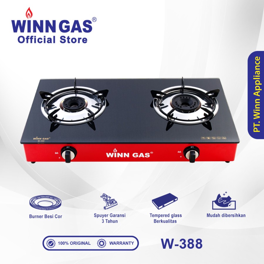 Winn Gas Kompor Gas 2 Tungku Lapis Kaca W-388 &amp; Paket Kompor Selang Regulator W88/W900