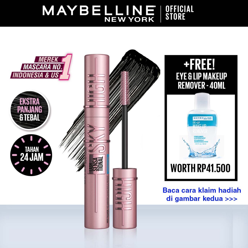 Maybelline Sky High Waterproof Mascara - Maskara Eye Makeup Black
Smudgeproof Panjang Tebal Tahan 24 Jam