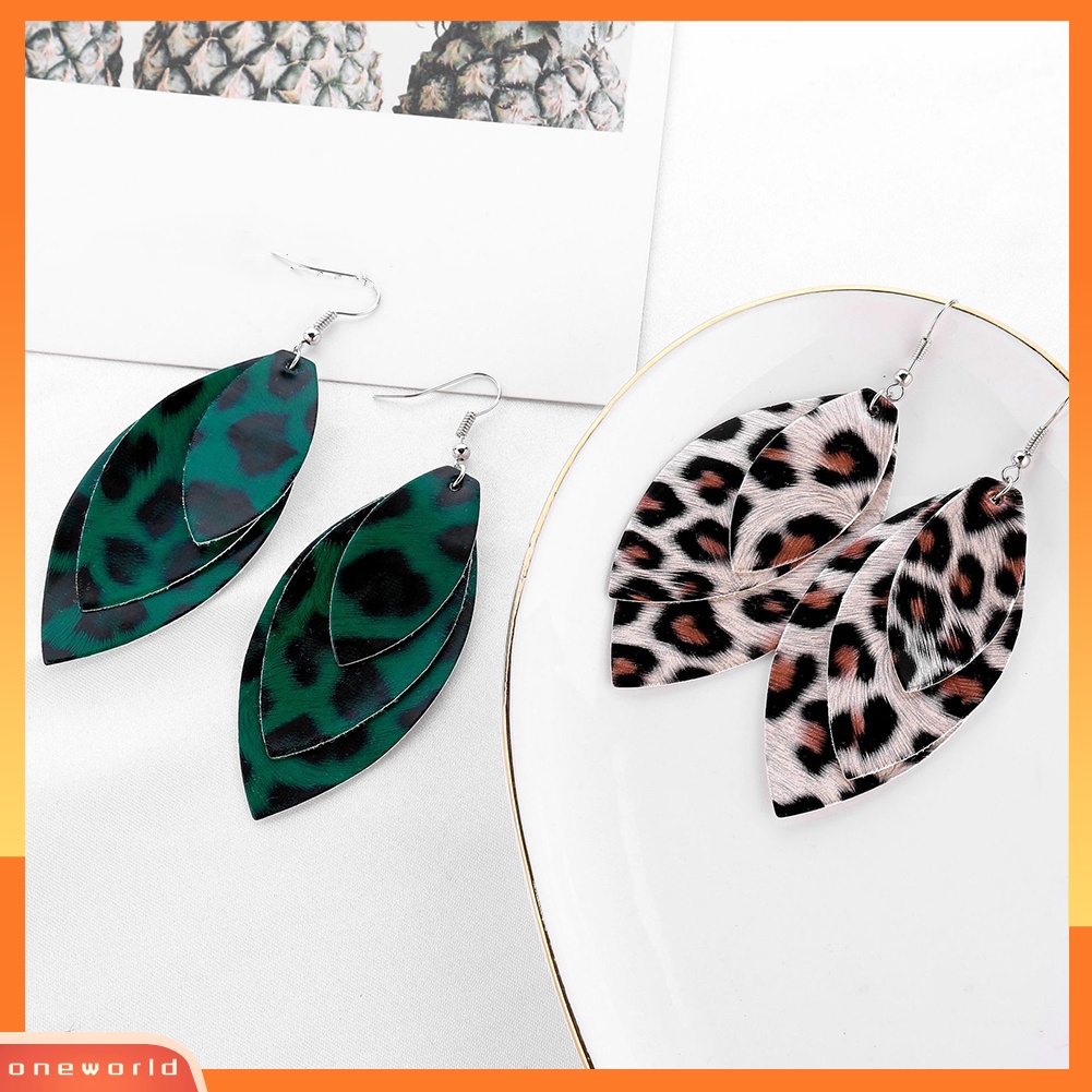 [WONE] Wanita Leopard Triple Layer Bentuk Daun Kulit Imitasi Anting Kait Menjuntai Panjang