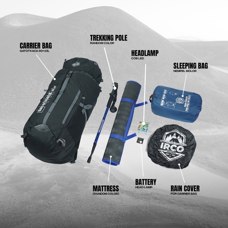 Paket Camping Lengkap 7 Item - Tas Carrier Gunung 50 Liter Rain Cover SB Bantal Matras Trekking Pole Headlamp LED Battery