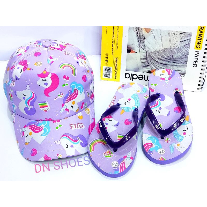 Paket Sandal Anak Perempuan Paket Topi dan Sandal Jepit Anak Perempuan Paket Sandal Flat dan Topi Anak Murah Lucu Karakter Unicorn Ungu Cute