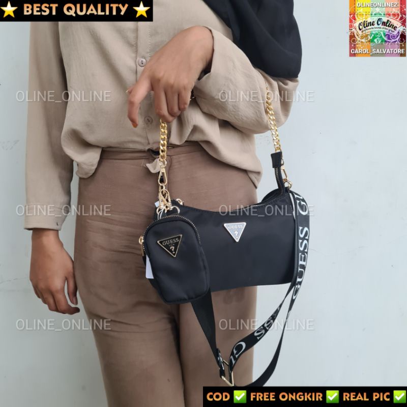 (WODB) tas NEO nylon crossbody with small pouch rantai gold chain logo straps khakis black gs cream gb shoulder bag jinjing hand carry