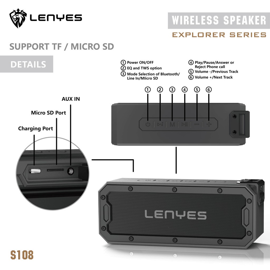 Speaker Bluetooth Portable Waterproof Tahan Banting LENYES S108 TWS