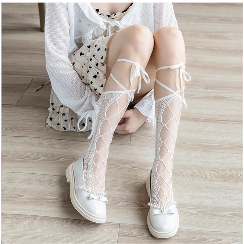 Kaos kaki Wanita transparan Sexy Tali jaring JK Setinggi Lutut kaus kaki 3D55