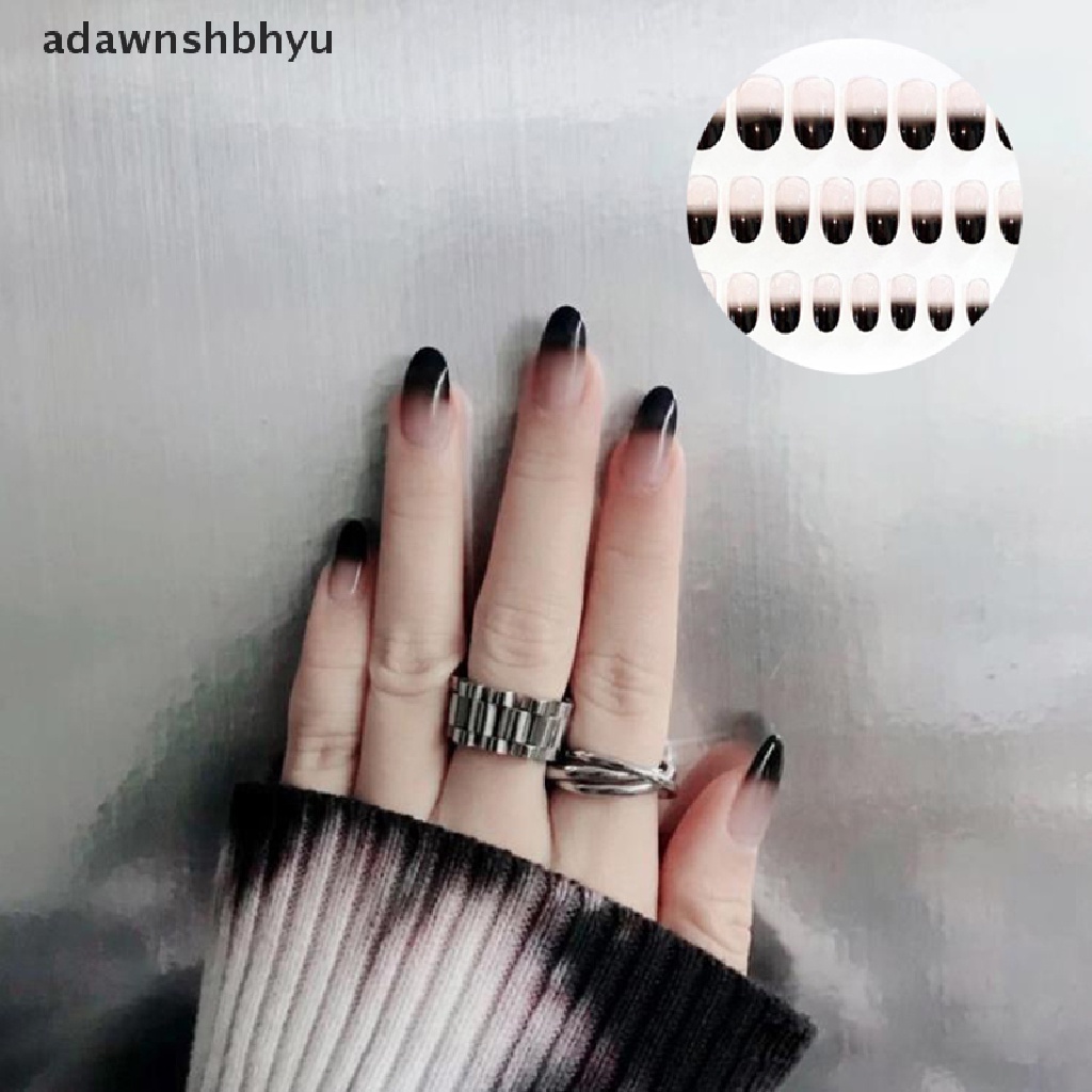 Adawnshbhyu 24Pcs Buatan Hitam Gradien Kuku Palsu Full Cover Extension Tips Dengan Lem ID