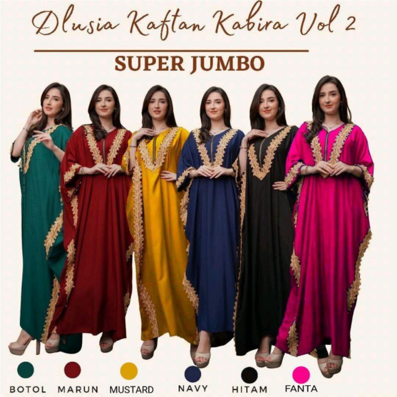Dlusia Kabira Kaftan Renda Rayon Premium Gamis Arabian Lace Baju Muslim Bigsize Polos Kekinian LD 140 cm