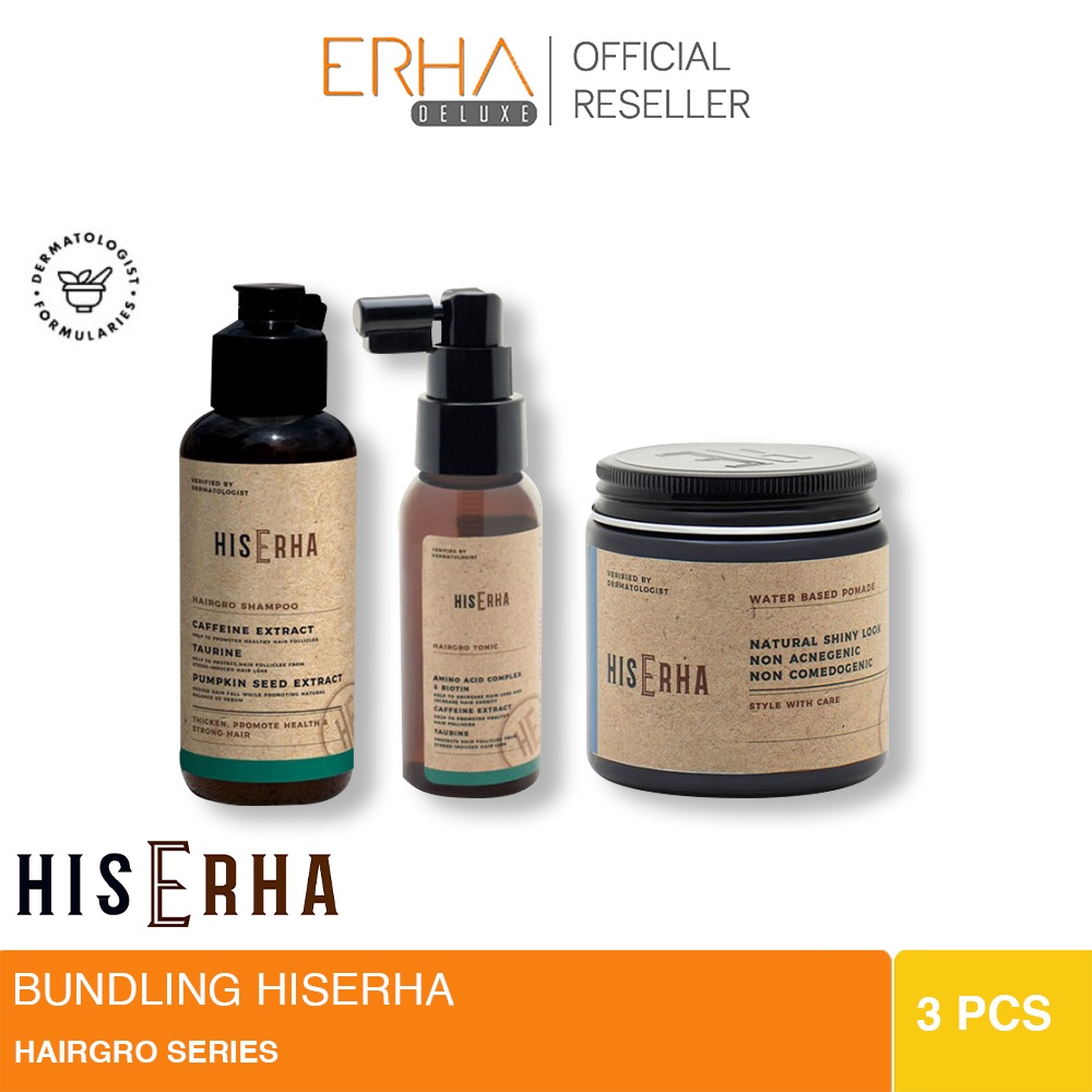 HIS ERHA Hairgro Shampoo Pria 100ml + Tonik Rambut 60ml + Pomade Water Based 120gr - Anti Rontok