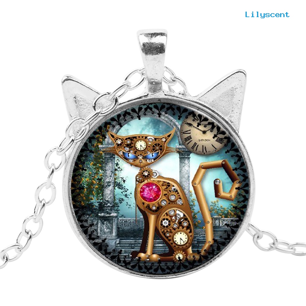 [LS] Unisex Kucing Kaca Cabochon Liontin Vintage Perhiasan Rantai Kalung Hadiah