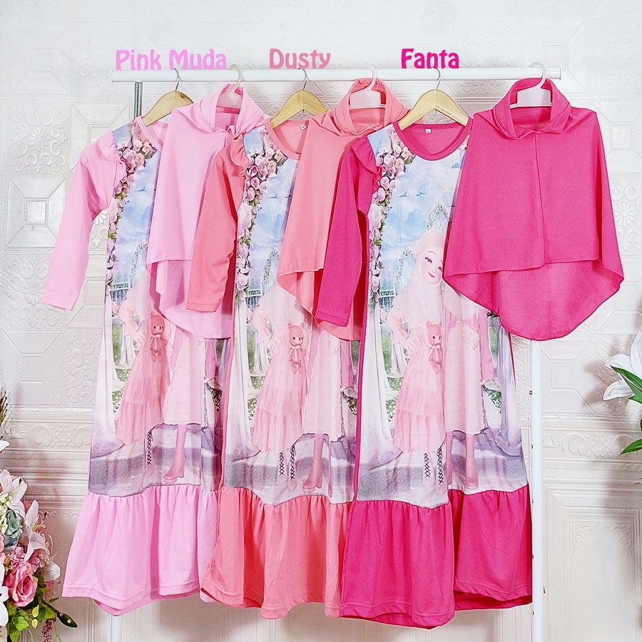 GAMIS ANAK PEREMPUAN PRINTING SET HIJAB CANTIK SOLEHA 2-13tahun GL FASHION