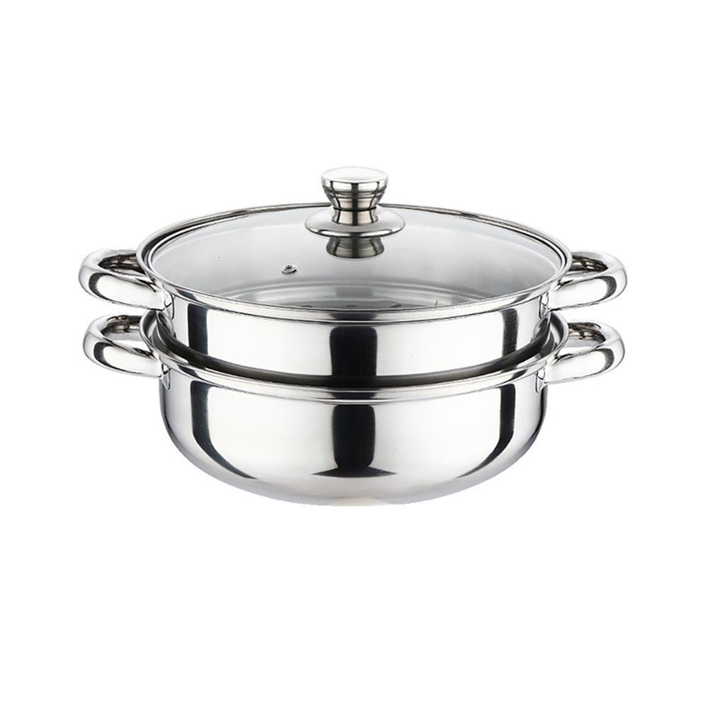 Panci Steamer Double Layer 28cm Dengan Pegangan Insulasi Panas Tutup Kaca Stainless Steel Stockpot Soup Boiler Untuk Rumah