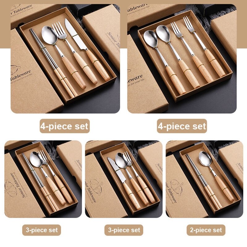 GSi8 Set Perlengkapan Makan Sendok Garpu Pisau Sumpit Gagang Kayu utk Hadiah Hampers Wooden Handle Ka2020  Portable Travel Silver Bearpaw